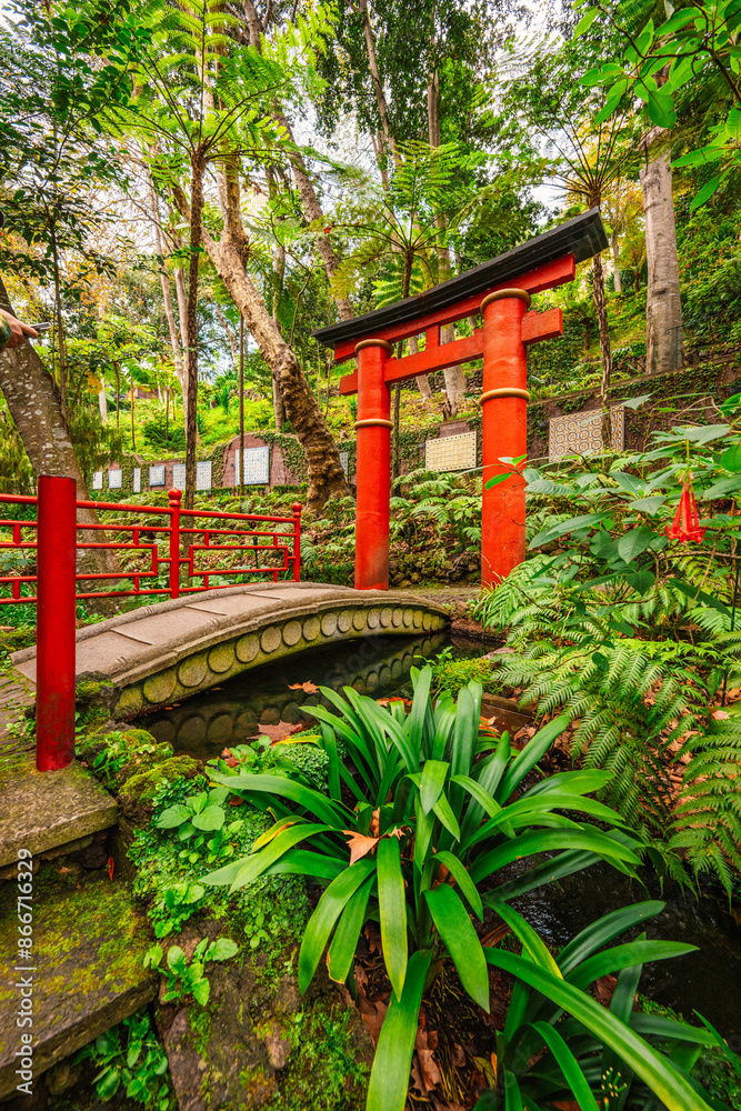 Monte Palace, Tropical Garden with Waterfalls, Lakes and traditional buildings above the city of Funchal Monte Palace, Tropical Garden with Waterfalls, Lakes and traditional buildings above the city of Funchal