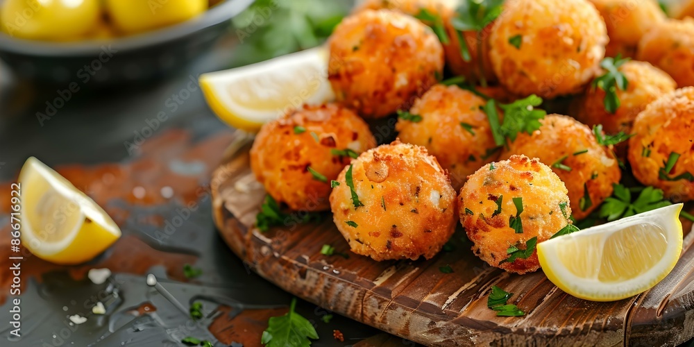 Codfish Balls with Lemon Wedges Served on Wooden Platter in Coastal Setting. Concept Codfish Balls, Lemon Wedges, Wooden Platter, Coastal Setting, Appetizer Presentation Codfish Balls with Lemon Wedges Served on Wooden Platter in Coastal Setting. Concept Codfish Balls, Lemon Wedges, Wooden Platter, Coastal Setting, Appetizer Presentation