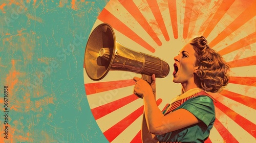 Retro promotion: A single woman in vintage attire shouts into a megaphone against a bright, abstract sunburst background, capturing a classic promotional vibe photo