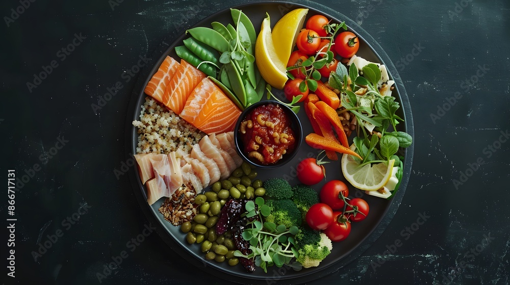 A balanced meal plate divided into sections, showcasing a delicious variety of carbohydrates, proteins, and healthy fats in a visually appealing way