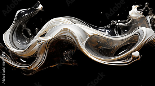 A splash of silver liquid floating in the air against a black background. Effect of absence of gravity in space.	

