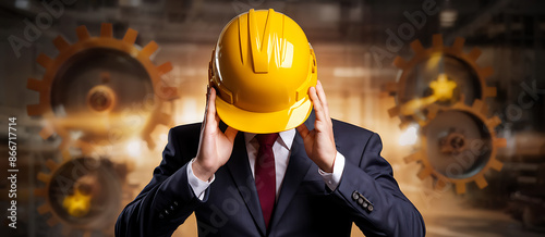  Work safety concept. Businessmen hold virtual safety icons for working standard processes and zero accidents. regulations and standards in industry design  photo