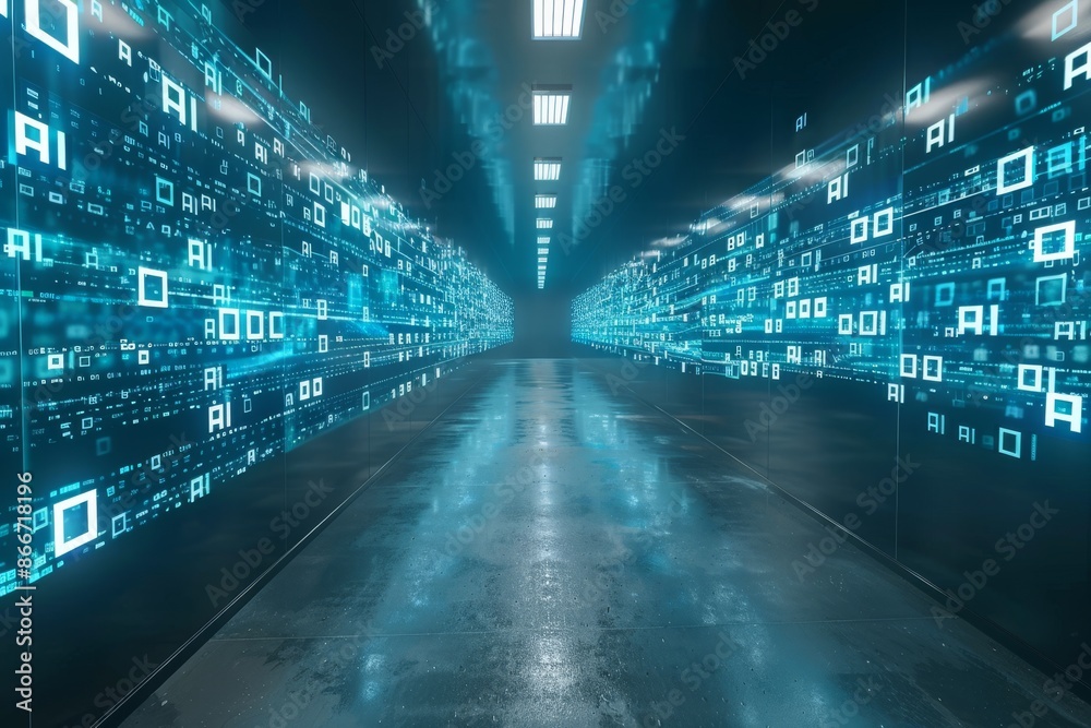 AI data center with glowing blue lights and digital patterns representing advanced technology and innovation AI data center with glowing blue lights and digital patterns representing advanced technology and innovation
