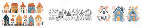 Hand drawn rural farm and country cottage logo with floral elements. Modern Swedish houses set.