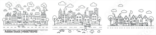 Hand drawn Country Neighborhood sketch with little houses, cute rural buildings with trees. Modern childish scene.