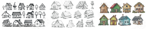 A cute wooden cabin sketch, a funny country cottage drawing, and an isolated rural household.