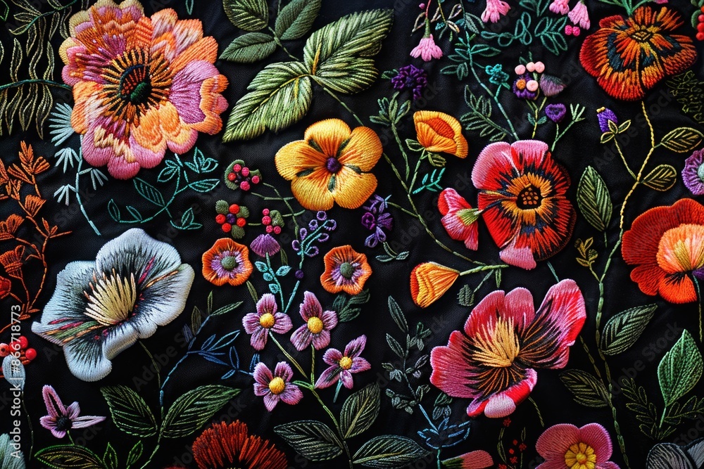 Close-up shot of vibrant flowers and foliage on a dark backdrop, ideal for use in designs and decorations Close-up shot of vibrant flowers and foliage on a dark backdrop, ideal for use in designs and decorations