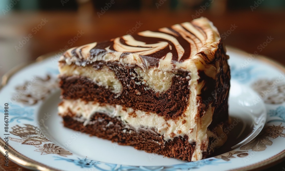 Close Up of Chocolate Swirl Cake Slice on White Plate Close Up of Chocolate Swirl Cake Slice on White Plate