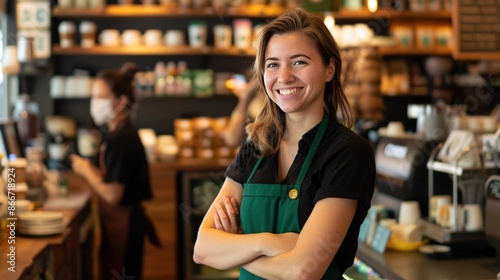 A smiling woman in a green apron stands in front of a Starbucks counter. Generate AI image