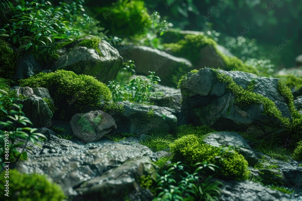 A pile of rocks covered in lush green moss A pile of rocks covered in lush green moss