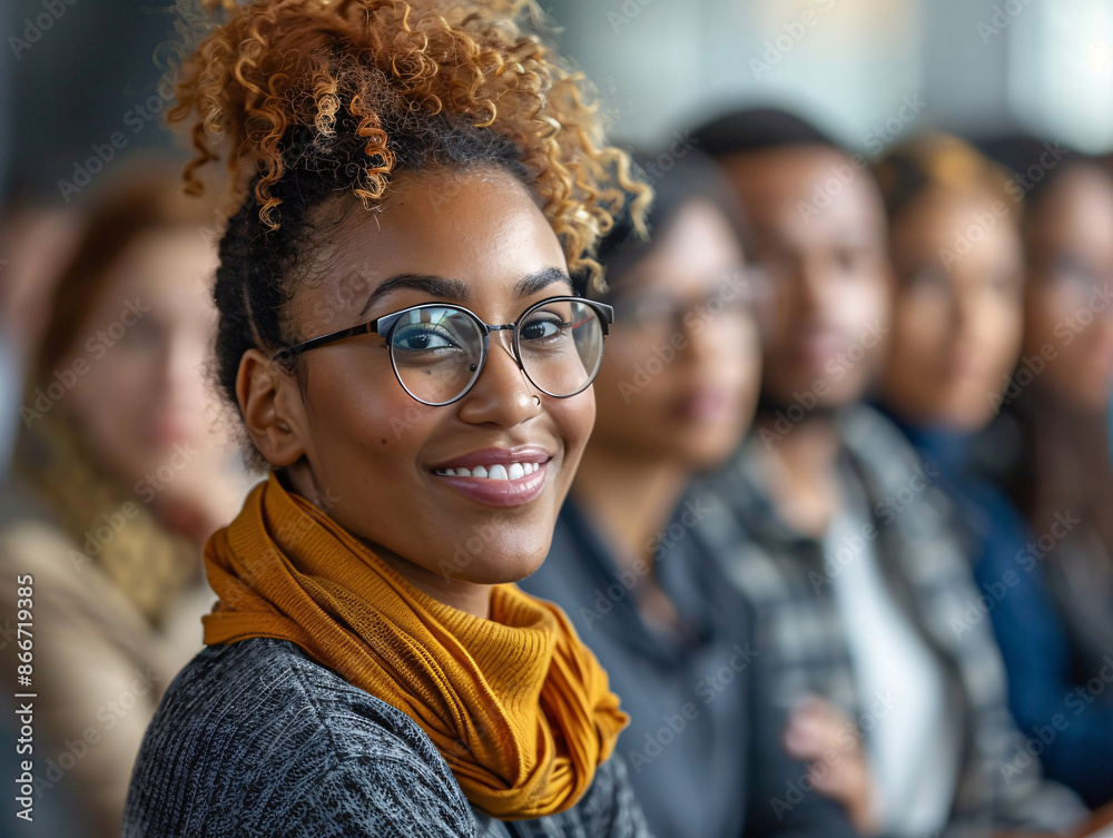 Smiling woman with curly hair and glasses at a seminar Smiling woman with curly hair and glasses at a seminar
