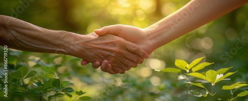 Two Hands Shaking in a Forest Setting on a Sunny Day