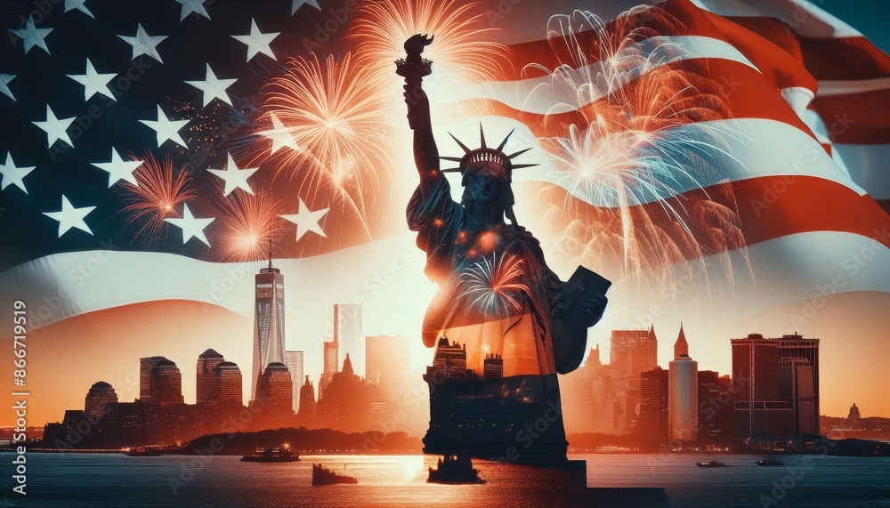 Patriotic New York City Skyline with Fireworks and Statue of Liberty ...