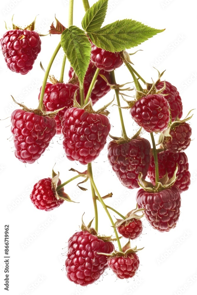 Fresh raspberries with their green leaves on a stem, ideal for culinary or still life photography Fresh raspberries with their green leaves on a stem, ideal for culinary or still life photography