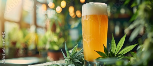 A Glass of Beer With Cannabis Leaves in a Sunlit Bar Setting