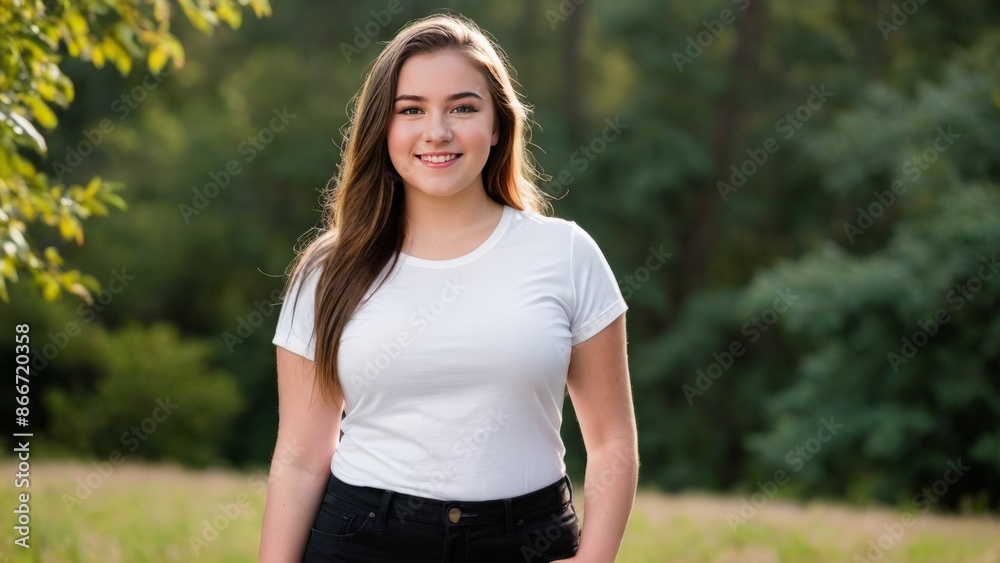 Plus size teenage girl wearing white t-shirt and black jeans standing in nature Plus size teenage girl wearing white t-shirt and black jeans standing in nature