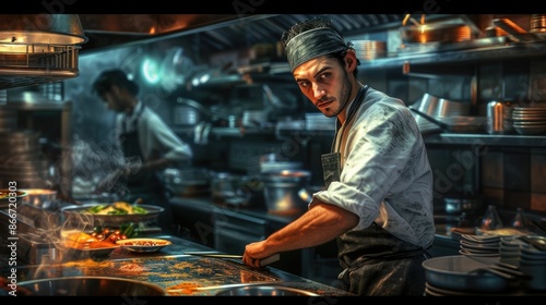 Portrait close up of professional chef preparing food at modern kitchen. Skilled cook cooking and making a dish while standing in front of strove at modern restaurant. Gourmet cuisine concept. AIG42. © Summit Art Creations
