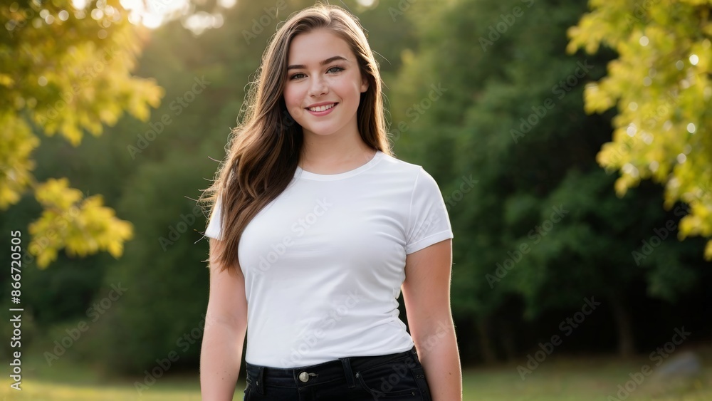 Plus size teenage girl wearing white t-shirt and black jeans standing in nature Plus size teenage girl wearing white t-shirt and black jeans standing in nature