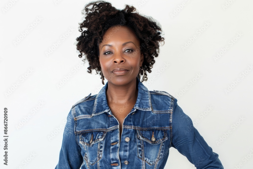 Portrait of a satisfied afro-american woman in her 40s sporting a rugged denim jacket isolated on white background Portrait of a satisfied afro-american woman in her 40s sporting a rugged denim jacket isolated on white background
