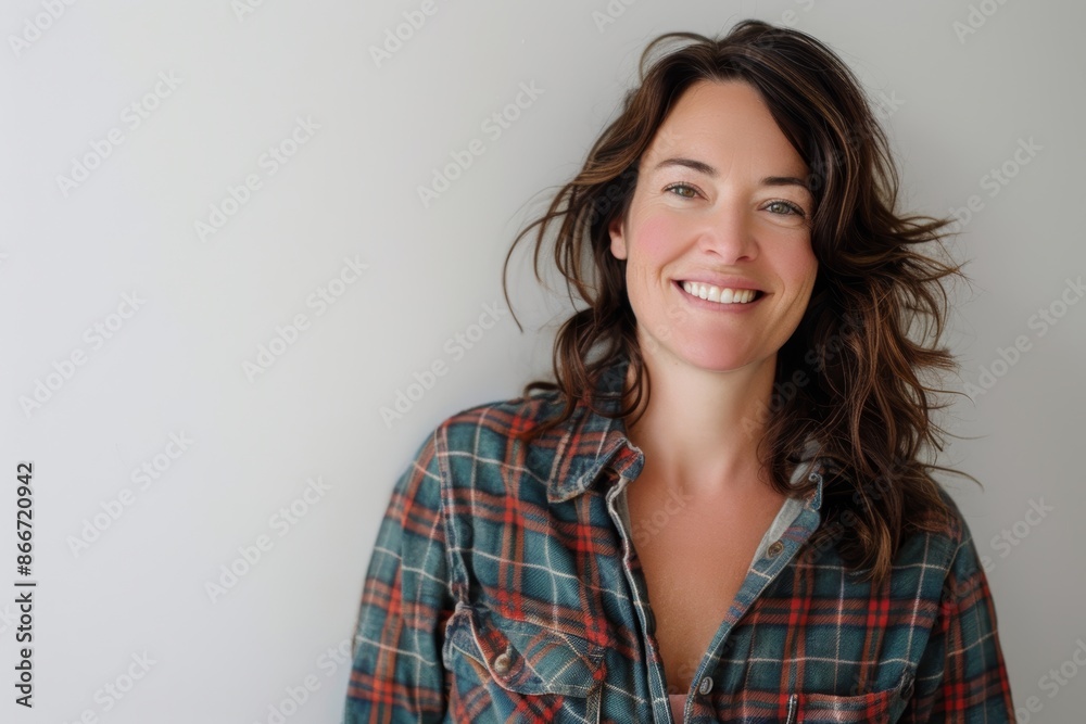 Portrait of a smiling woman in her 40s dressed in a relaxed flannel shirt isolated on white background Portrait of a smiling woman in her 40s dressed in a relaxed flannel shirt isolated on white background
