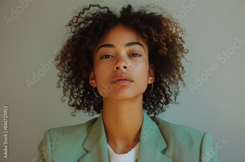Young Woman With Curly Hair Posing in a Beige Blazer