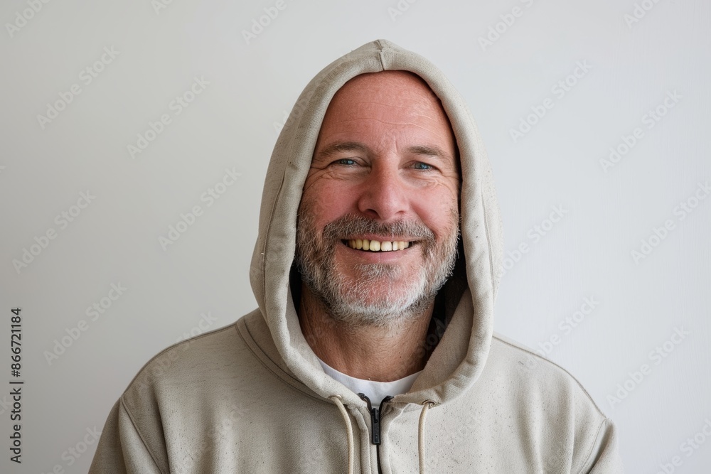 Portrait of a smiling man in his 50s sporting a comfortable hoodie while standing against white background