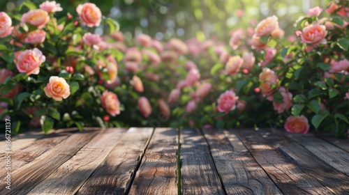 A wooden plank or surface set against a garden background with blooming roses intended for product mockups