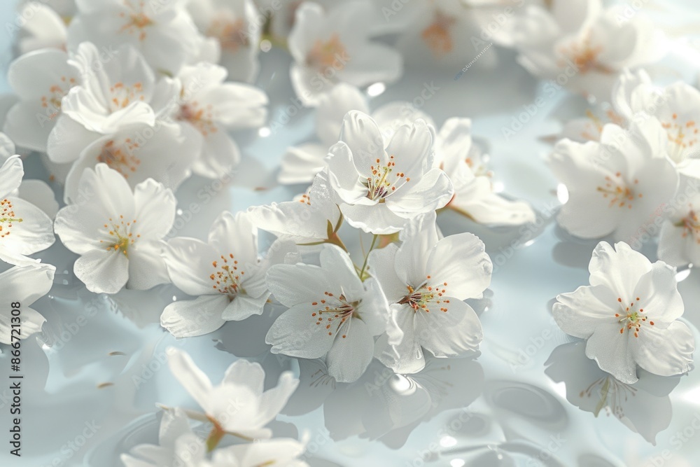 A bouquet of white flowers floats peacefully on the surface of calm water A bouquet of white flowers floats peacefully on the surface of calm water