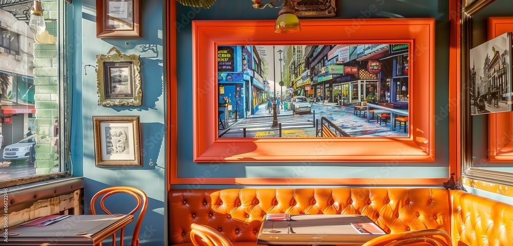 Stylish Orange Canvas Frame with Urban Art in a Vibrant Cafe with Eclectic Decor and Urban Street Views Stylish Orange Canvas Frame with Urban Art in a Vibrant Cafe with Eclectic Decor and Urban Street Views