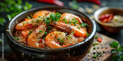 Baked Clay Pot Shrimp Glass Noodles A Flavorful Seafood Dish. Concept Clay Pot Cooking, Seafood Recipes, Asian Cuisine, Spicy Noodle Dishes, Homemade Gourmet photo