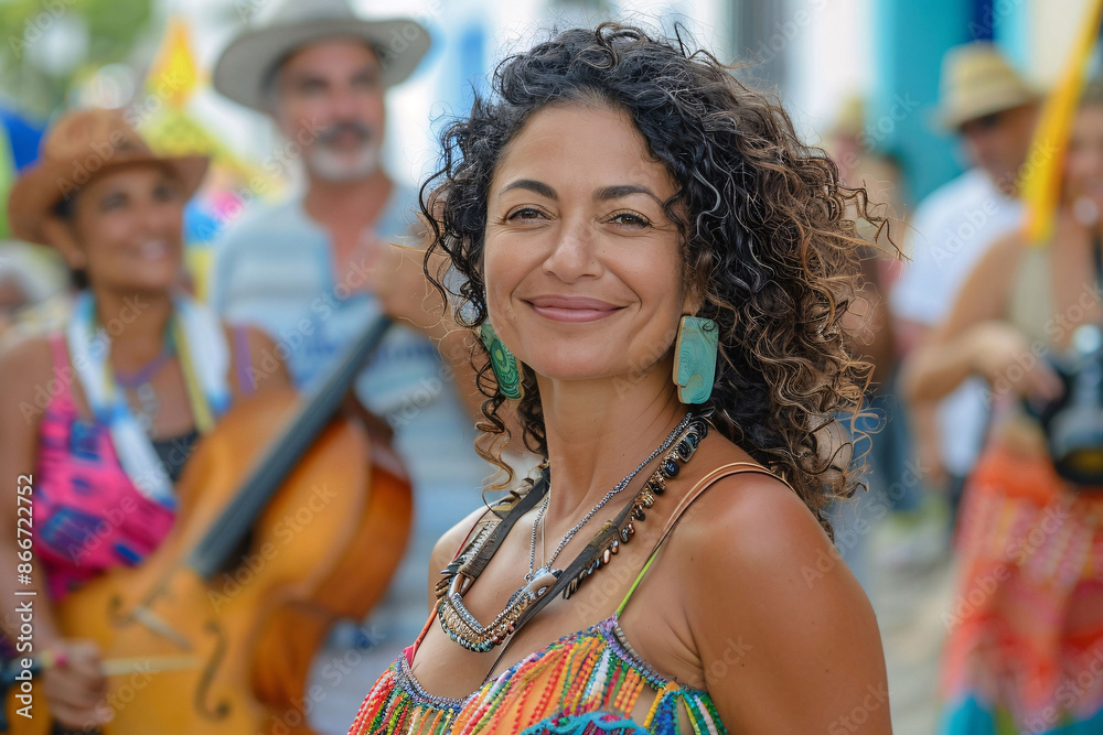 Happy Woman in a Festive Crowd