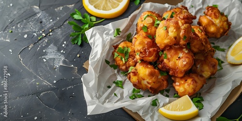 Traditional Portuguese Codfish Fritters on a Textured Background. Concept Portuguese Cuisine, Codfish Fritters, Food Photography, Traditional Recipe, Textured Background photo