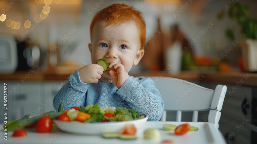 A toddler enjoying fresh vegetables at the dining table A toddler enjoying fresh vegetables at the dining table
