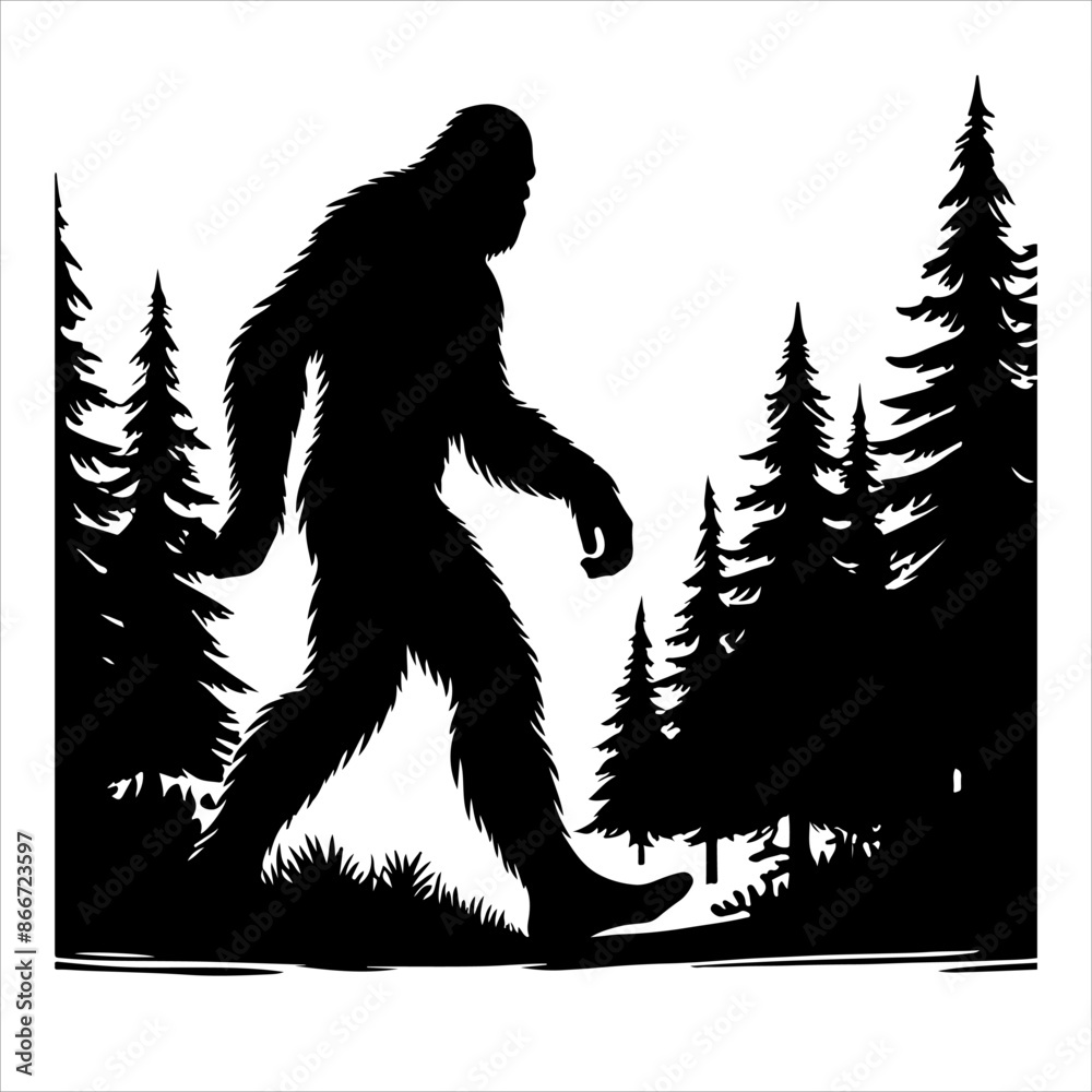 Fototapeta premium Bigfoot silhouette vector. Bigfoot silhouette isolated on a white background. Bigfoot silhouette t-shirt design Vector illustration.