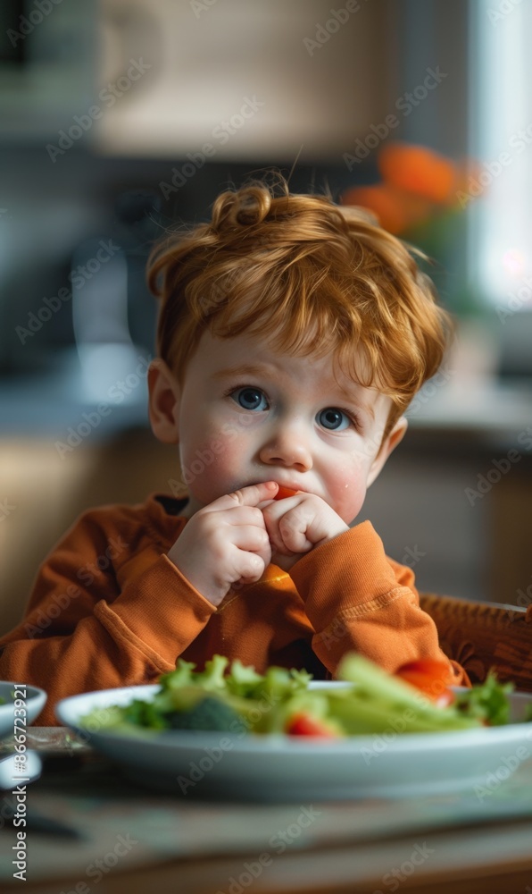 A young child with red hair appears pensive while sitting in front of a plate of salad A young child with red hair appears pensive while sitting in front of a plate of salad