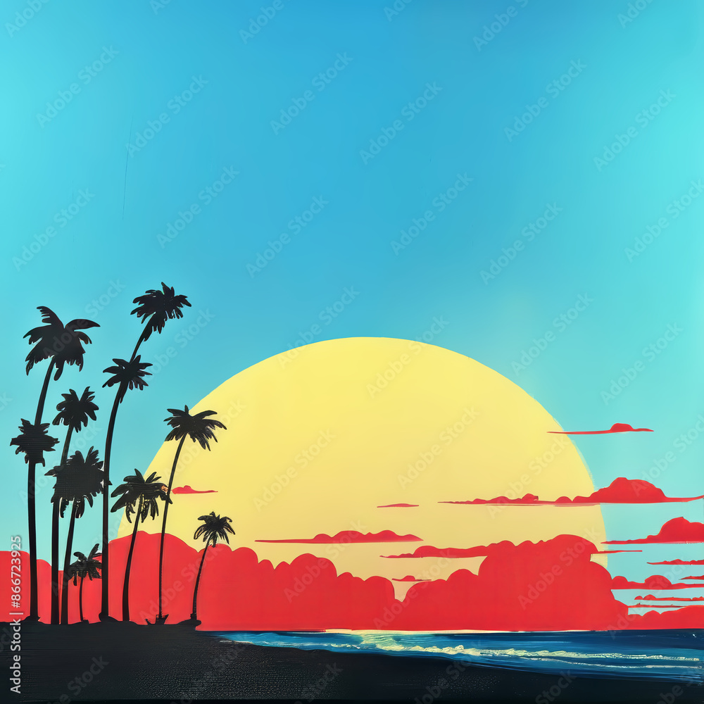 Obraz premium Silhouettes of palm trees against setting sun and sky on tropical island,