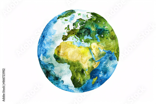Fototapeta Naklejka Na Ścianę i Meble -  A watercolor painting of the Earth showing Europe Africa and parts of Asia with vibrant blue green and yellow hues