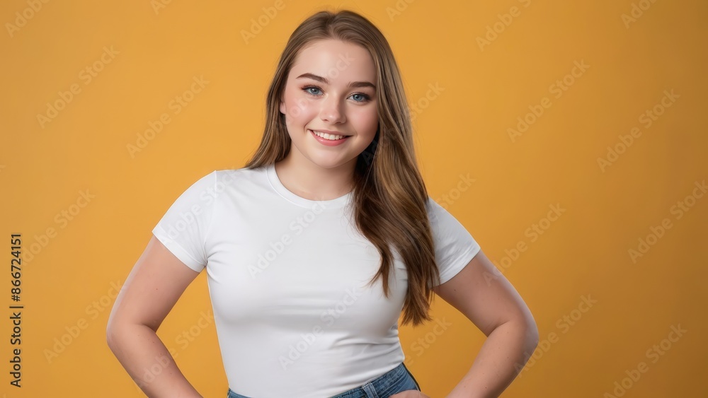 Plus size teenage girl wearing white t-shirt and blue jeans isolated on yellow background Plus size teenage girl wearing white t-shirt and blue jeans isolated on yellow background