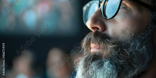 Man with unkempt beard engrossed in movie fully immersed in experience. Concept Immersive Movie Watching, Unkempt Beard, Engrossed in Film, Movie Enthusiast photo