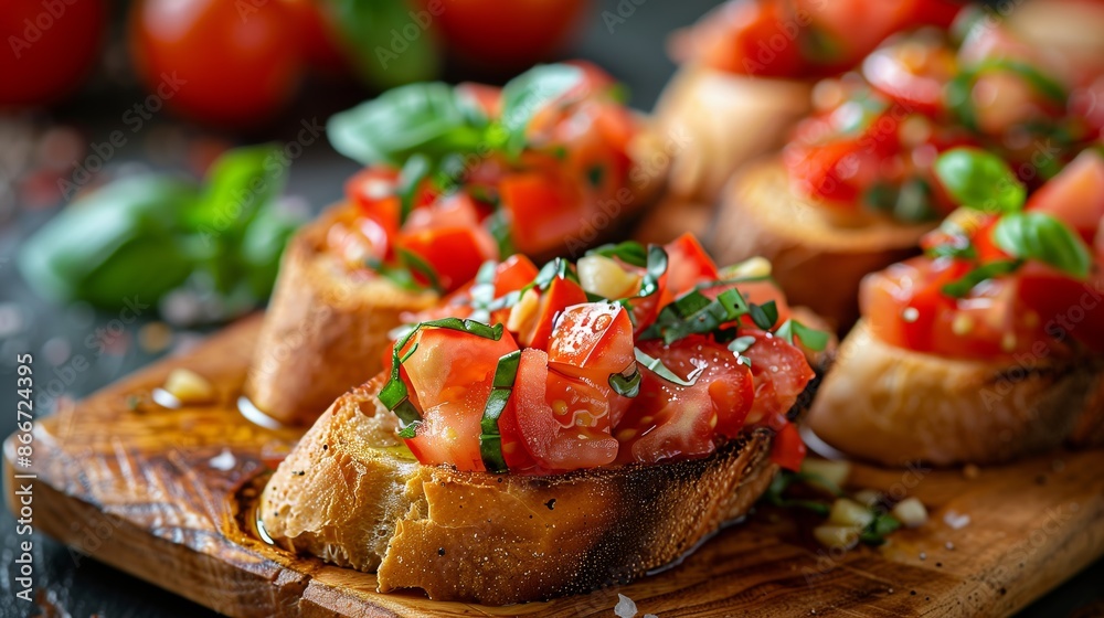 Close-Up of Perfectly Toasted Bruschetta with Vibrant Topping Close-Up of Perfectly Toasted Bruschetta with Vibrant Topping