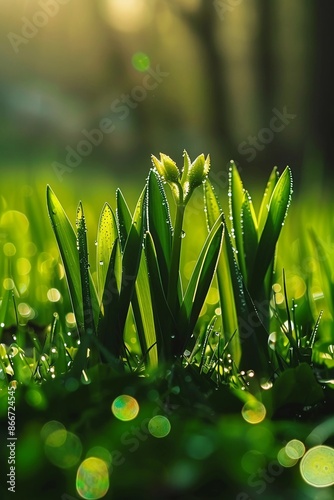 macro photgraphy of green grass with dew in the morning photo