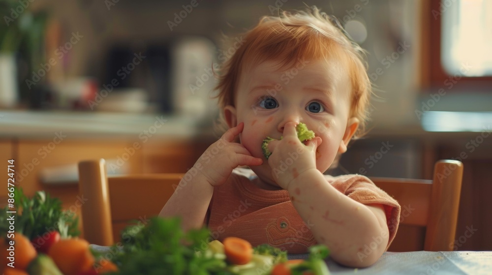 A toddler is eating vegetables in a kitchen A toddler is eating vegetables in a kitchen