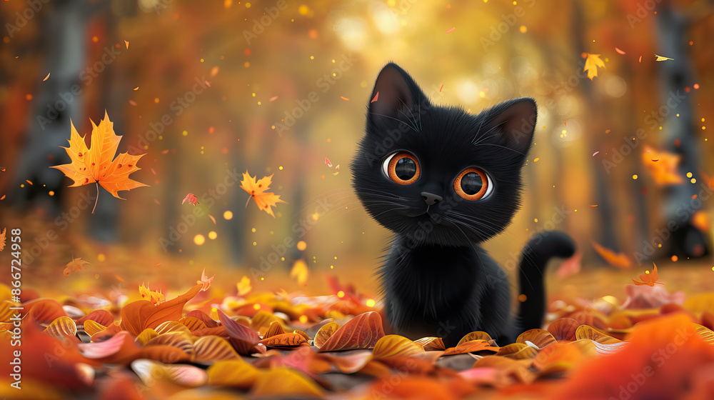 Cute 3D Rendered Black Cat. Halloween Cat on Autumn. Maple Forest in Autumn. Orange Themed. Cute Cat. Spooky Theme with Copy Space Cute 3D Rendered Black Cat. Halloween Cat on Autumn. Maple Forest in Autumn. Orange Themed. Cute Cat. Spooky Theme with Copy Space