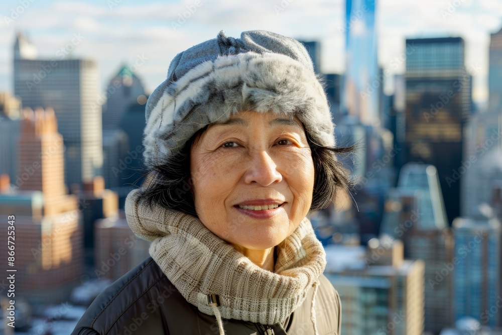 Portrait of a smiling asian woman in her 50s dressed in a warm ski hat over vibrant city skyline