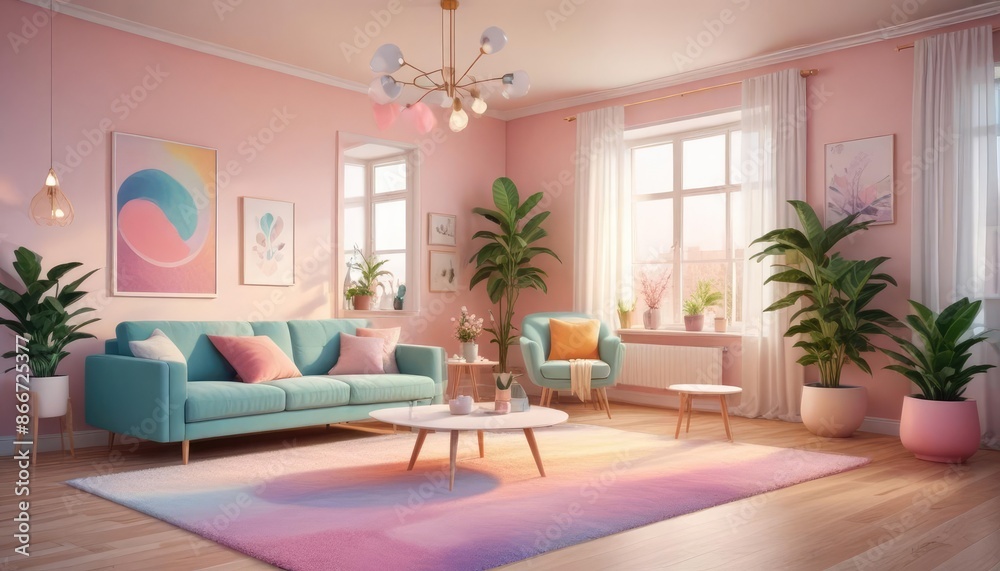 Fototapeta premium Contemporary Scandinavian interior design showcasing an elegant living room with a comfy sofa, mid-century furniture, cozy rug, wooden flooring, white walls, and house plants.