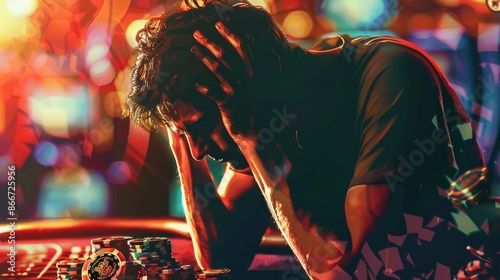 Addiction's toll: A troubled gambler with head in hands, surrounded by casino elements, depicting the harsh reality of gambling addiction photo
