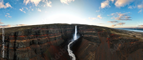 Obraz na płótnie View from above, stunning panoramic view of the spectacular Skógafoss Waterfall in South-Iceland. Skógafoss is one of the biggest waterfalls in Iceland. w salonie