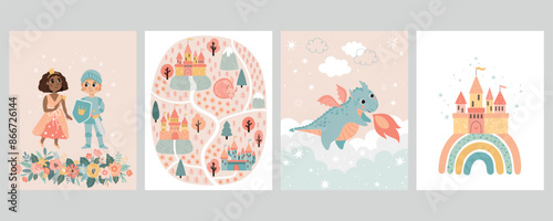A set of vector children's magic greeting cards featuring princes, princesses, and castles. Perfect for birthday invitations, nursery decor, party decorations, and educational materials. 