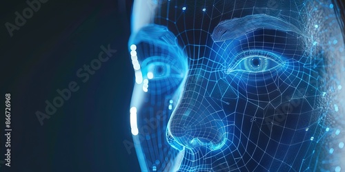 human biometrics concept with glowing blue data on closeup of woman's eyes