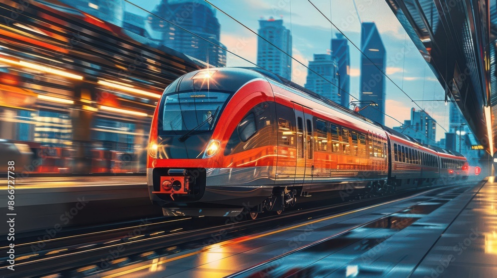 Modern train arriving at a sleek urban railway station Modern train arriving at a sleek urban railway station